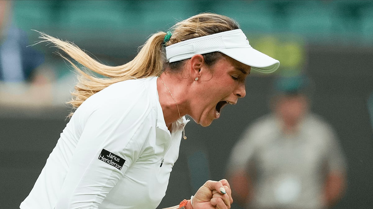 (AP Photo/Mosa'ab Elshamy) : Donna Vekic celebrates her victory at Wimbledon